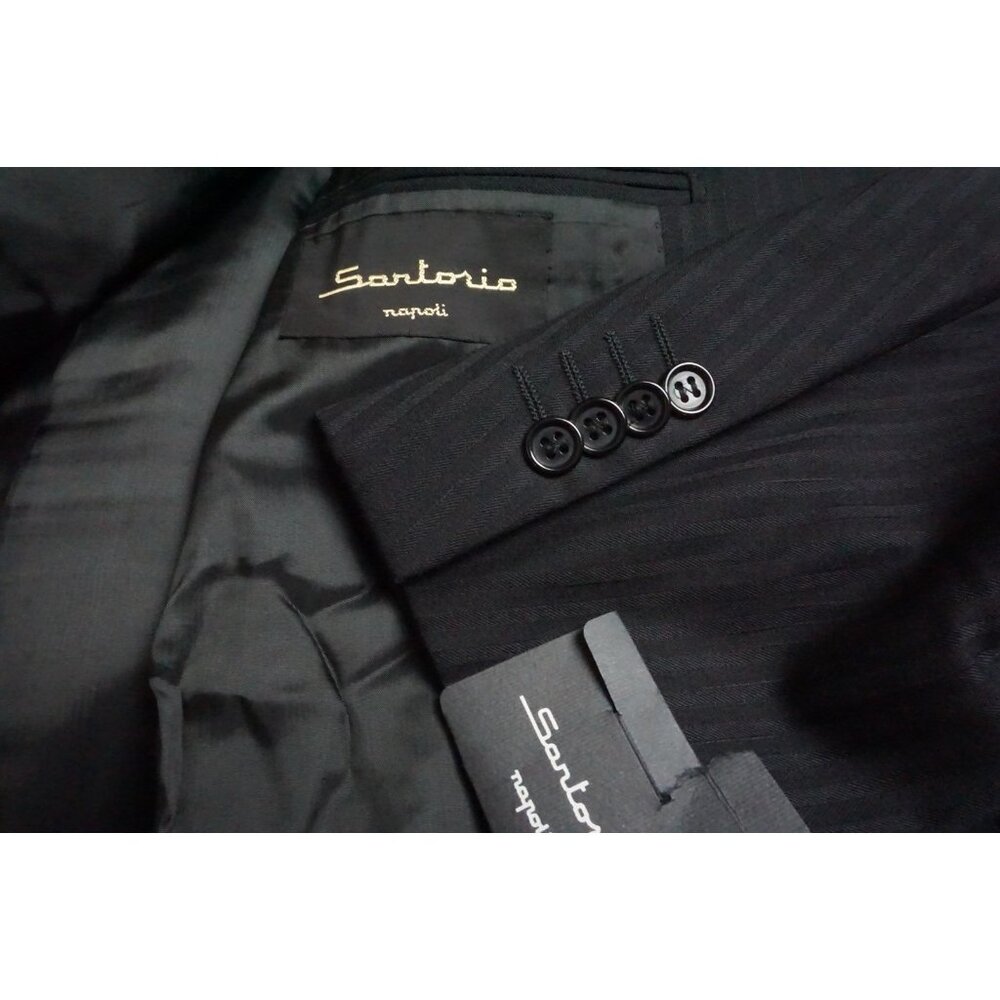 Sartorio Napoli Black Herringbone Wool 2 Pc Suit Jacket Pants 44R BRAND NEW